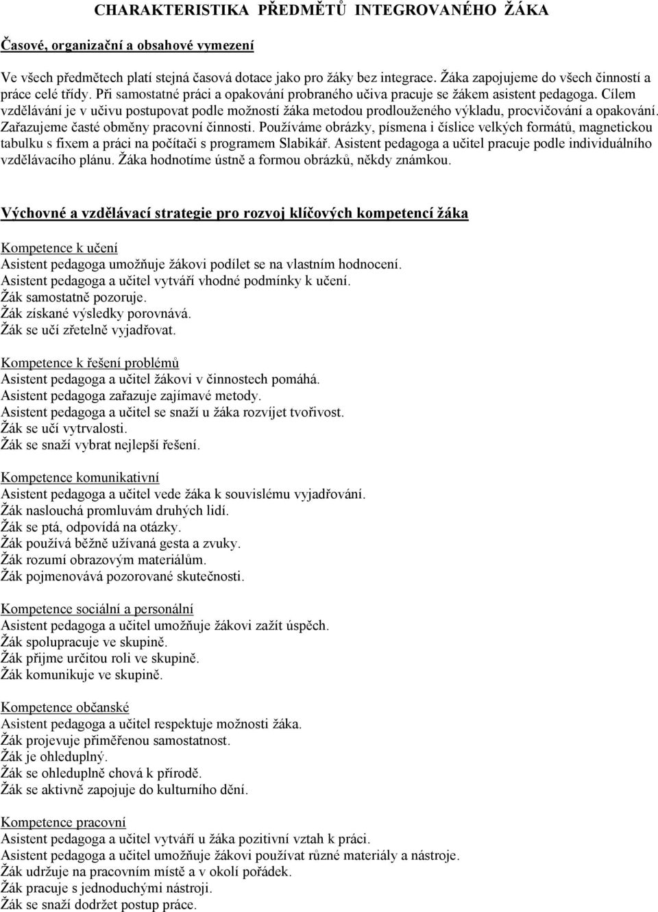 Cílem vzdělávání je v učivu postupovat podle možností žáka metodou prodlouženého výkladu, procvičování a opakování. Zařazujeme časté obměny pracovní činnosti.