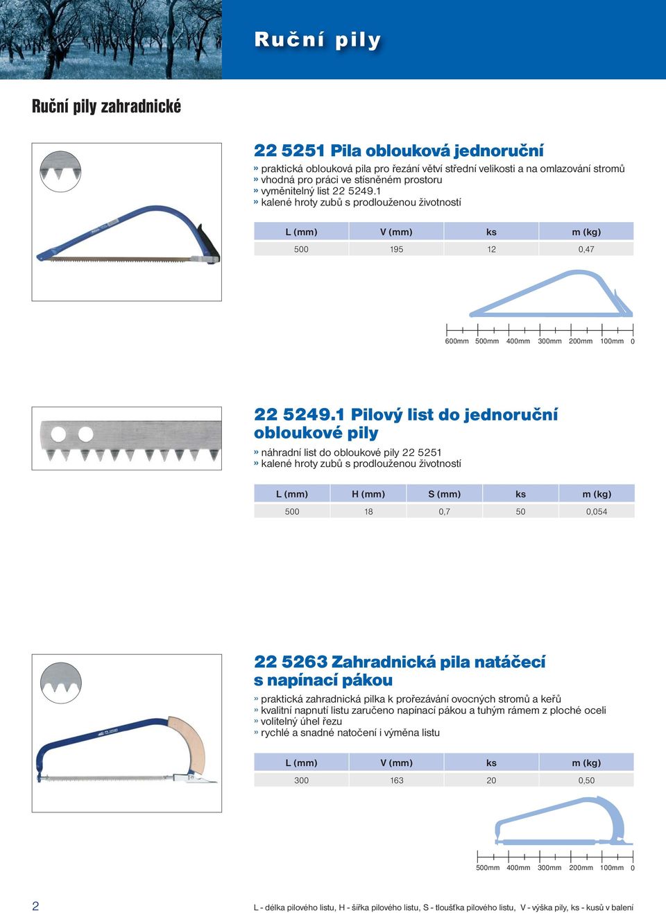 1 Pilový list do jednoruční obloukové pily» náhradní list do obloukové pily 22 5251» kalené hroty zubů s prodlouženou životností L (mm) H (mm) S (mm) ks m (kg) 5 18,7 5,54 22 5263 Zahradnická pila