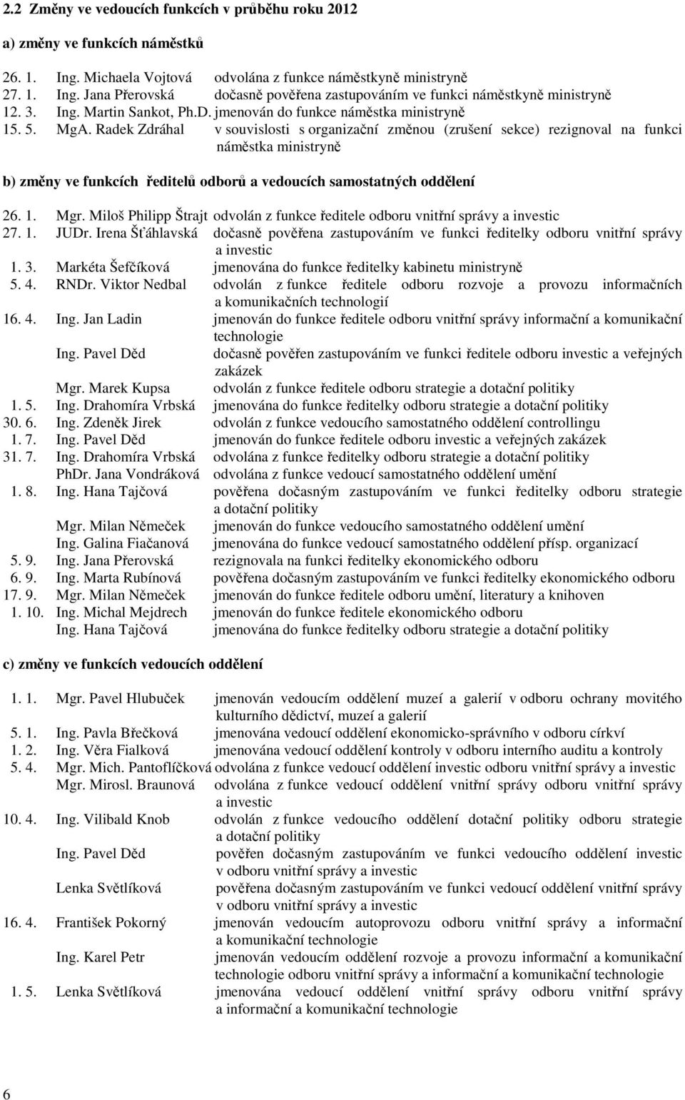 Radek Zdráhal v souvislosti s organizační změnou (zrušení sekce) rezignoval na funkci náměstka ministryně b) změny ve funkcích ředitelů odborů a vedoucích samostatných oddělení 26. 1. Mgr.