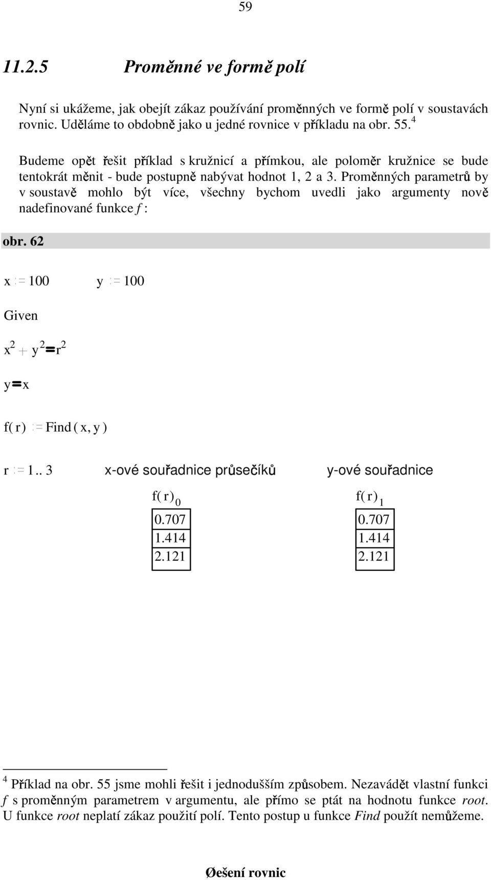 Proměnných parametrů by v soustavě mohlo být více, všechny bychom uvedli jako argumenty nově nadefinované funkce f : obr. 62 x y x 2 y 2 r 2 y x f( r) Find ( x, y ) r.