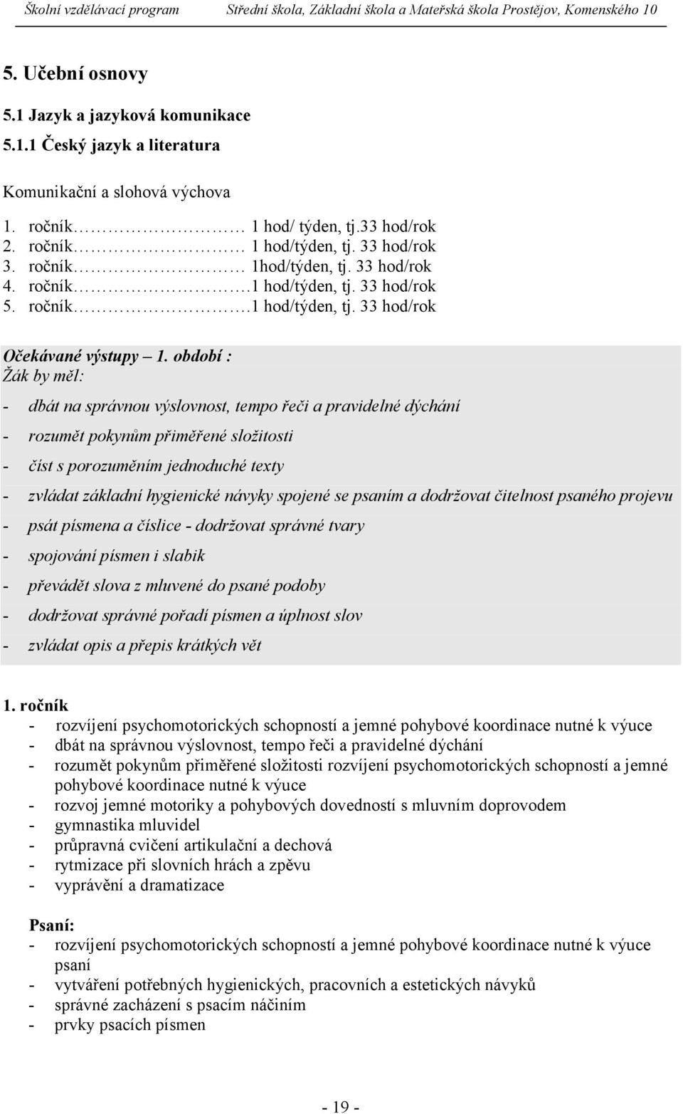 období : - dbát na správnou výslovnost, tempo řeči a pravidelné dýchání - rozumět pokynům přiměřené složitosti - číst s porozuměním jednoduché texty - zvládat základní hygienické návyky spojené se