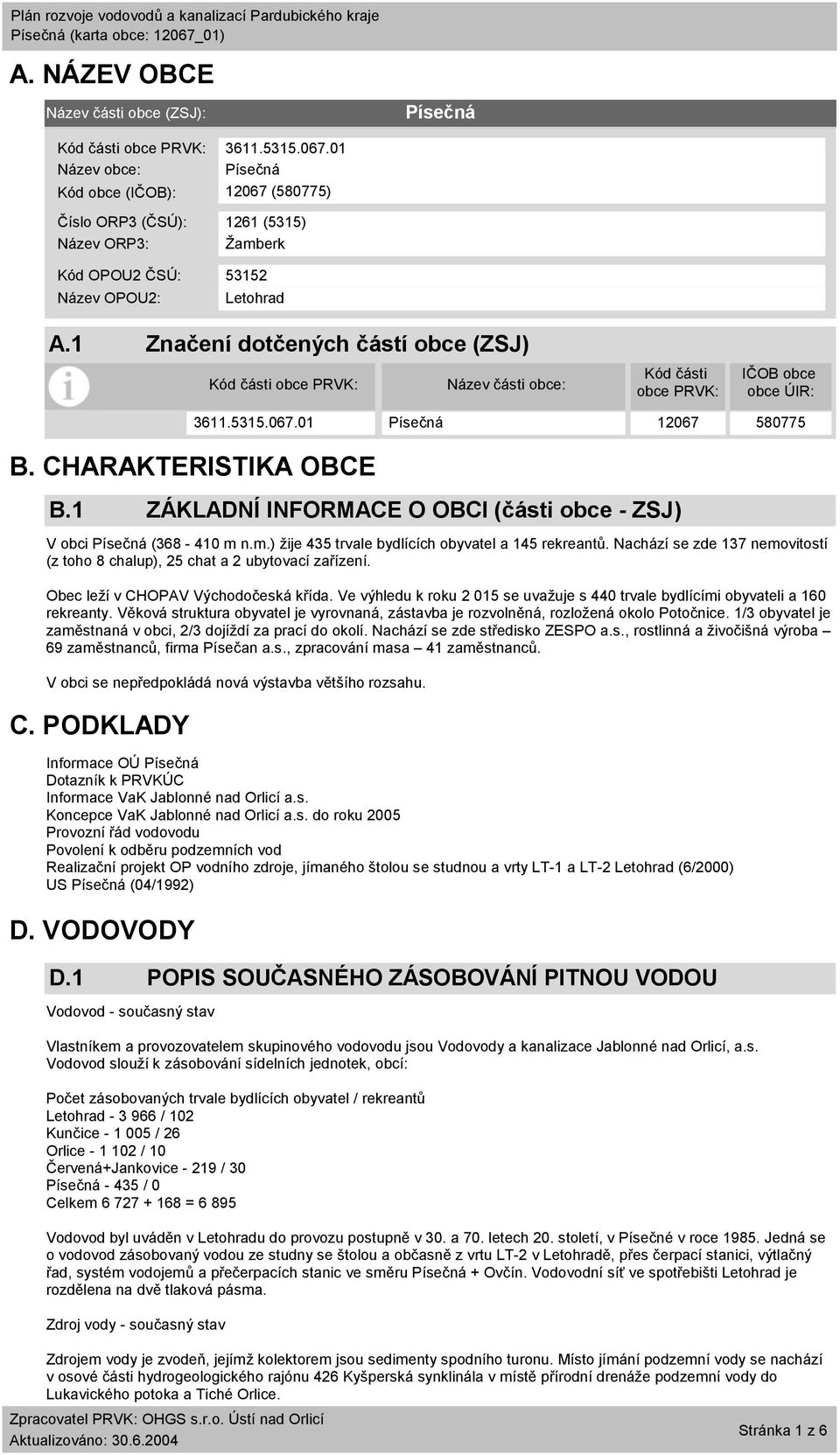 1 Značení dotčených částí obce (ZSJ) Kód části obce PRVK: Název části obce: Kód části obce PRVK: IČOB obce obce ÚIR: B. CHARAKTERISTIKA OBCE B.