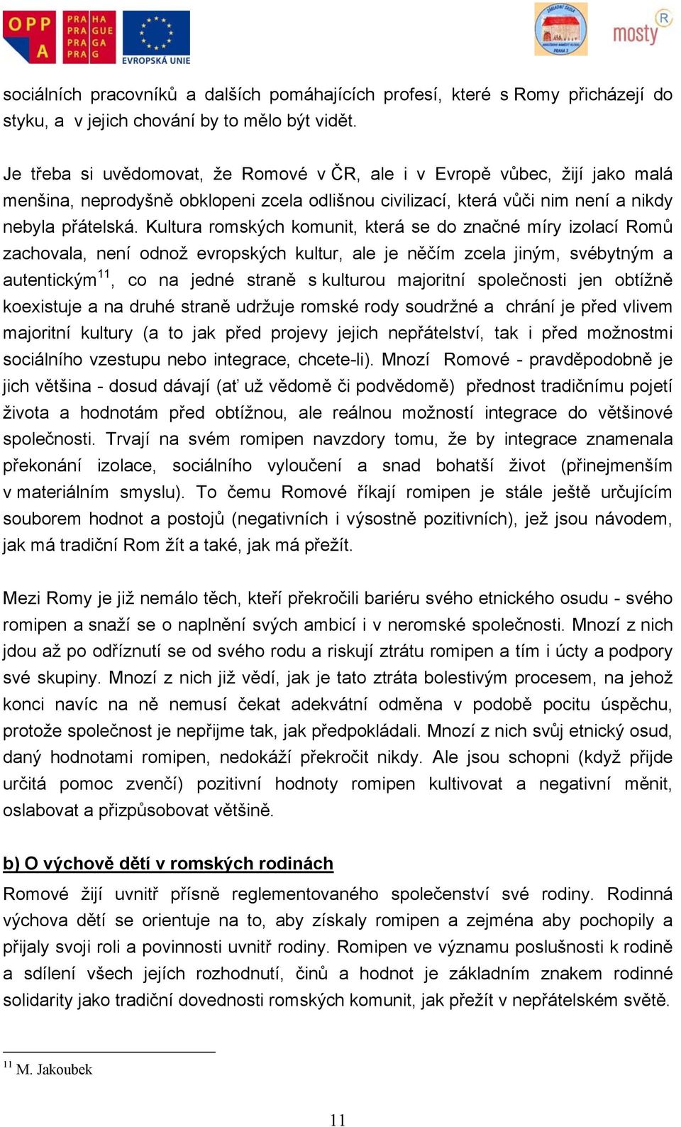 Kultura romských komunit, která se do značné míry izolací Romů zachovala, není odnož evropských kultur, ale je něčím zcela jiným, svébytným a autentickým 11, co na jedné straně s kulturou majoritní