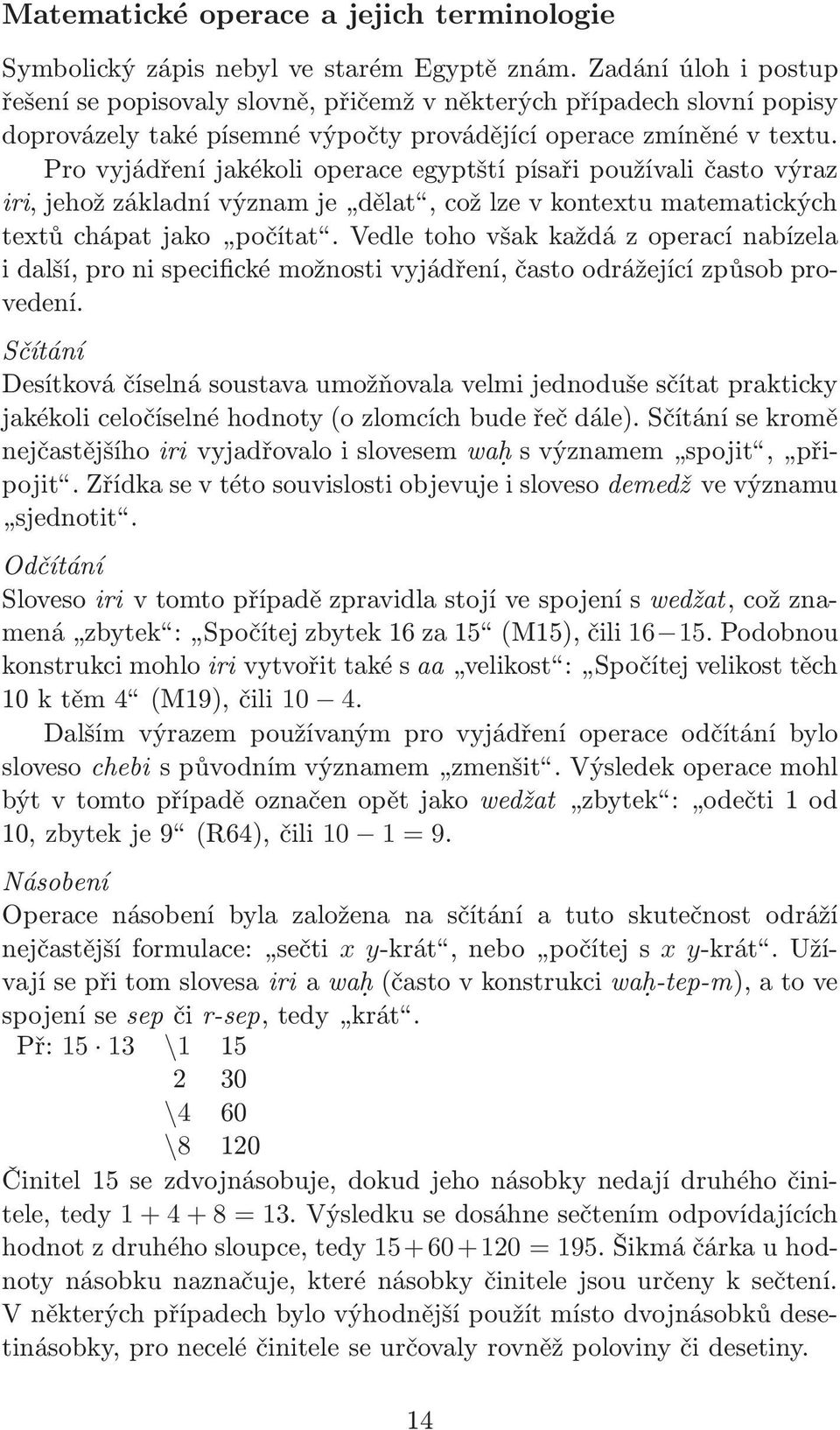 Pro vyjádření jakékoli operace egyptští písaři používali často výraz iri, jehož základní význam je dělat, což lze v kontextu matematických textů chápat jako počítat.