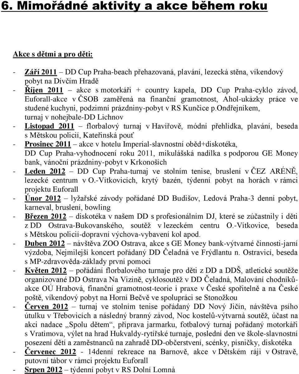 ondřejníkem, turnaj v nohejbale-dd Lichnov - Listopad 2011 florbalový turnaj v Havířově, módní přehlídka, plavání, beseda s Mětskou policií, Kateřinská pouť - Prosinec 2011 akce v hotelu