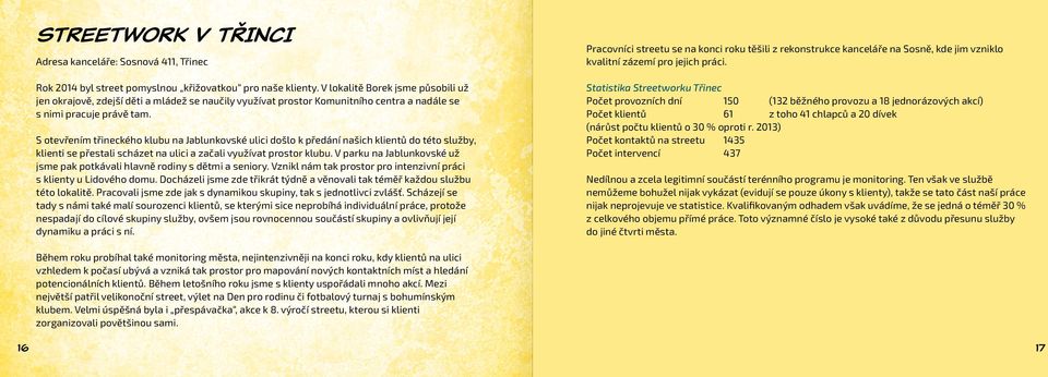 S otevřením třineckého klubu na Jablunkovské ulici došlo k předání našich klientů do této služby, klienti se přestali scházet na ulici a začali využívat prostor klubu.