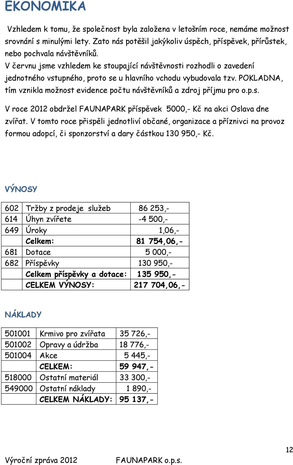 POKLADNA, tím vznikla možnost evidence počtu návštěvníků a zdroj příjmu pro o.p.s. V roce 2012 obdržel FAUNAPARK příspěvek 5000,- Kč na akci Oslava dne zvířat.