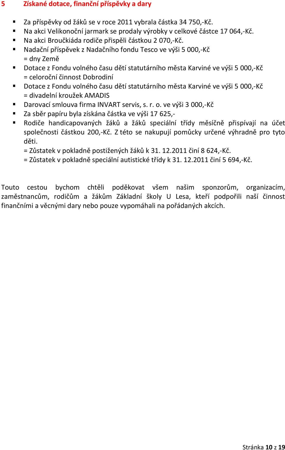 Nadační příspěvek z Nadačního fondu Tesco ve výši 5 000,-Kč = dny Země Dotace z Fondu volného času dětí statutárního města Karviné ve výši 5 000,-Kč = celoroční činnost Dobrodiní Dotace z Fondu