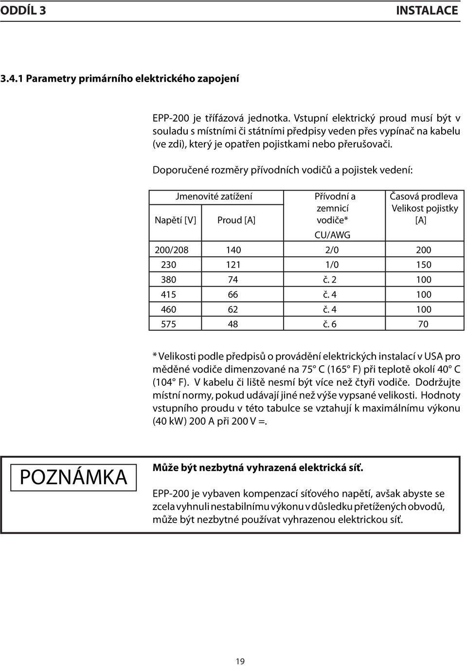 Doporučené rozměry přívodních vodičů a pojistek vedení: Jmenovité zatížení Přívodní a Časová prodleva zemnicí Velikost pojistky Napětí [V] Proud [A] vodiče* [A] CU/AWG 200/208 140 2/0 200 230 121 1/0