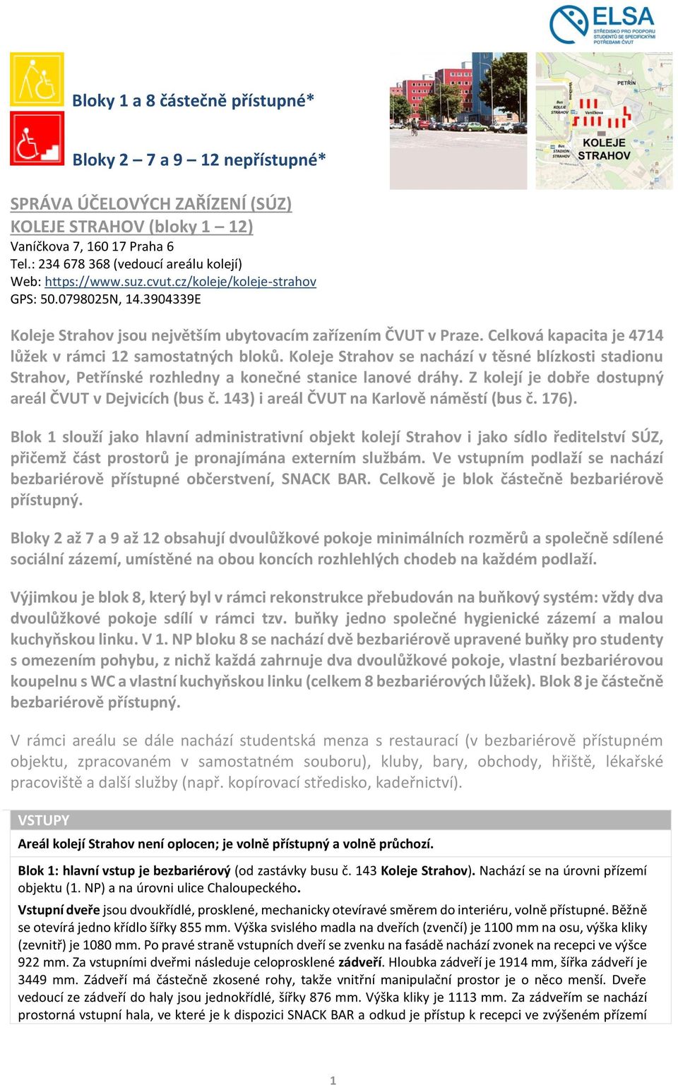 Celková kapacita je 4714 lůžek v rámci 12 samostatných bloků. Koleje Strahov se nachází v těsné blízkosti stadionu Strahov, Petřínské rozhledny a konečné stanice lanové dráhy.
