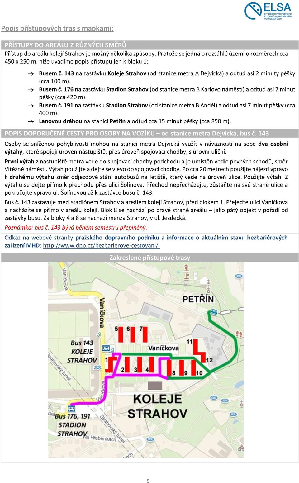 143 na zastávku Koleje Strahov (od stanice metra A Dejvická) a odtud asi 2 minuty pěšky (cca 100 m). Busem č.