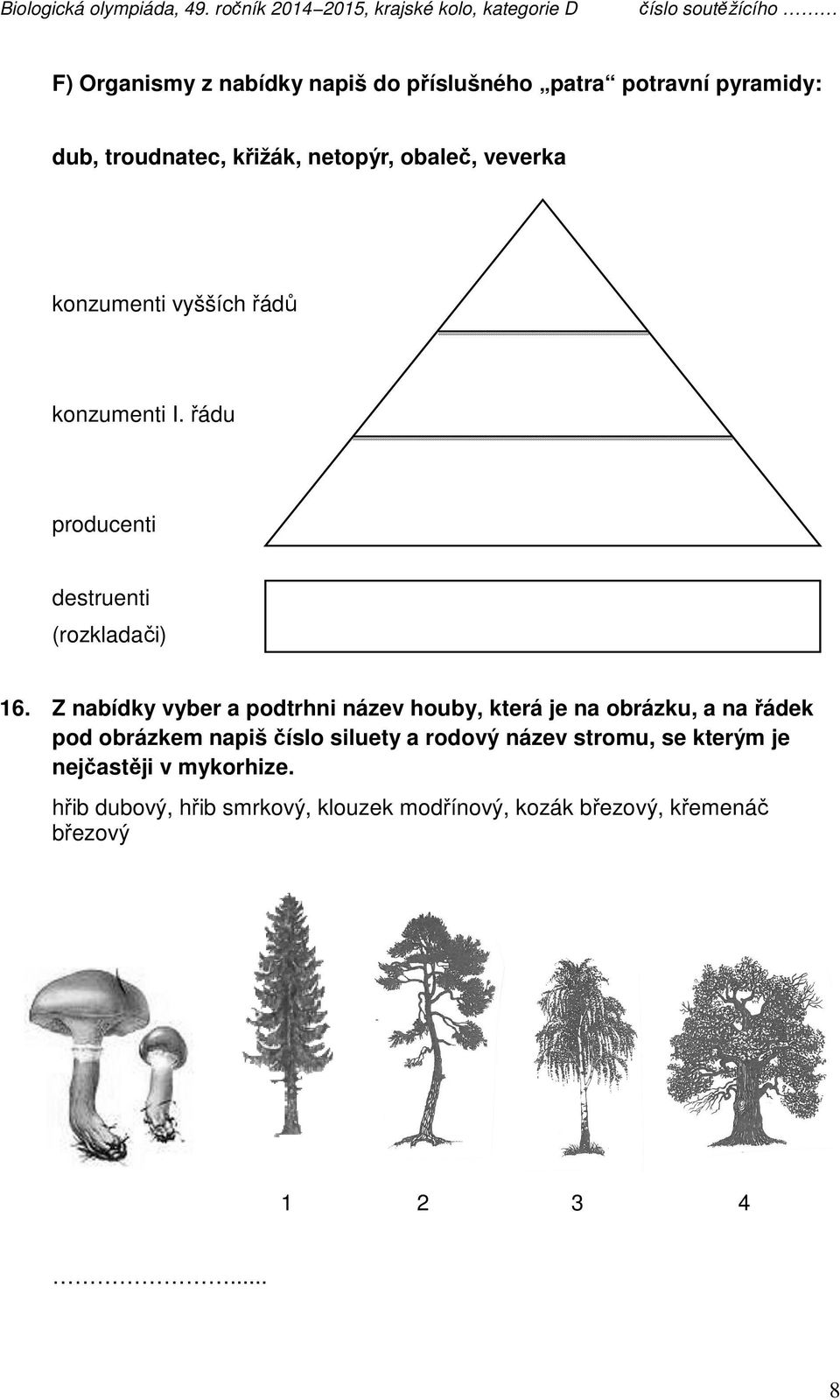 Z nabídky vyber a podtrhni název houby, která je na obrázku, a na řádek pod obrázkem napiš číslo siluety a rodový