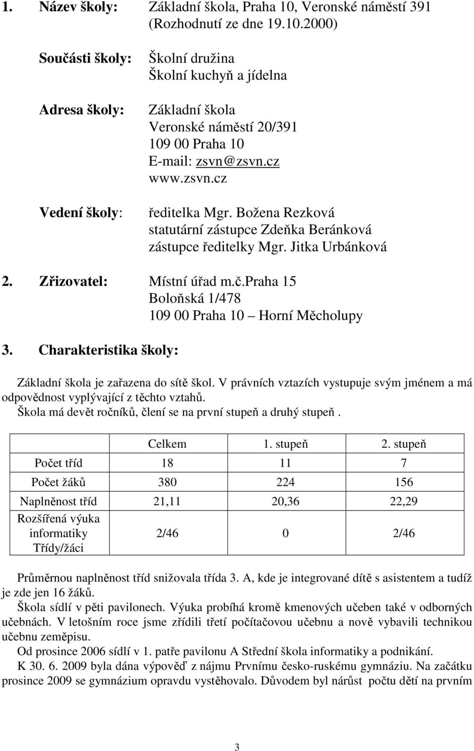 2000) Součásti školy: Adresa školy: Vedení školy: Školní družina Školní kuchyň a jídelna Základní škola Veronské náměstí 20/391 109 00 Praha 10 E-mail: zsvn@zsvn.cz www.zsvn.cz ředitelka Mgr.