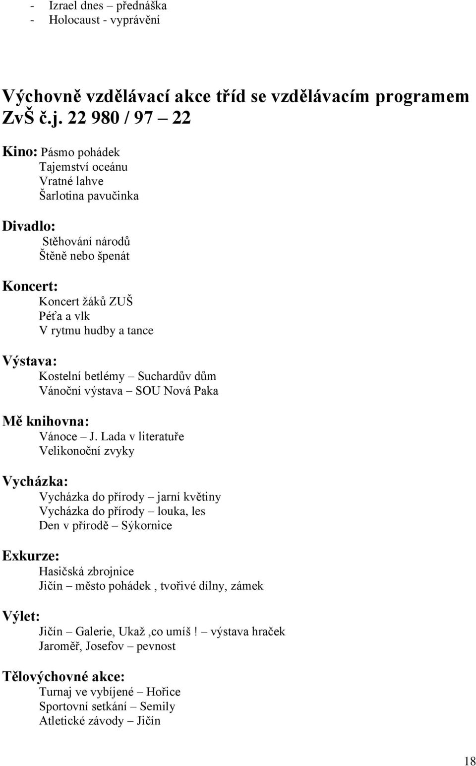 Výstava: Kostelní betlémy Suchardův dům Vánoční výstava SOU Nová Paka Mě knihovna: Vánoce J.