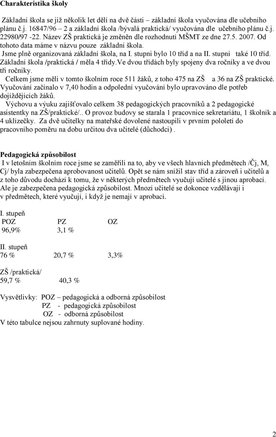 stupni bylo 10 tříd a na II. stupni také 10 tříd. Základní škola /praktická / měla 4 třídy.ve dvou třídách byly spojeny dva ročníky a ve dvou tři ročníky.