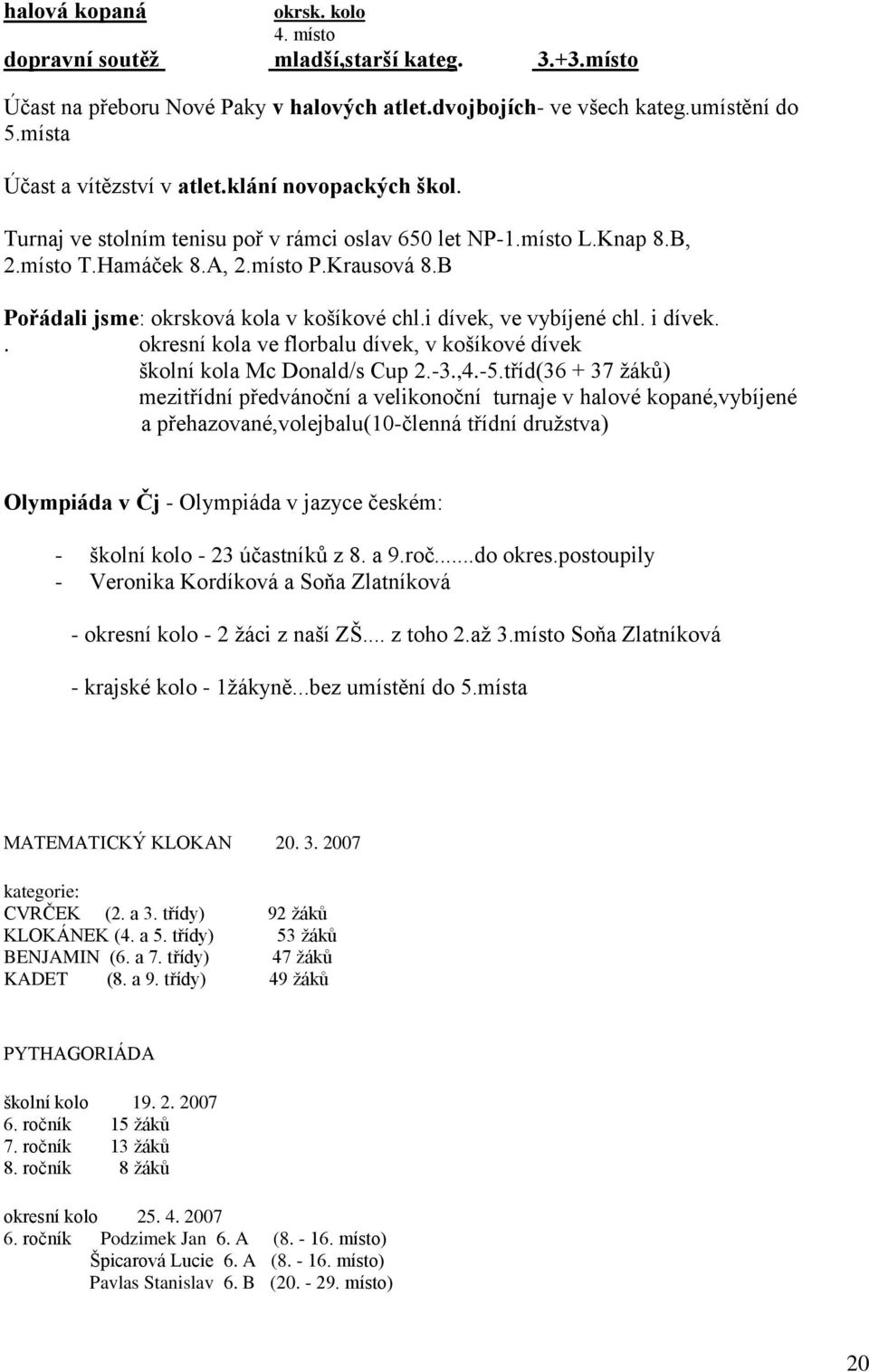 i dívek, ve vybíjené chl. i dívek.. okresní kola ve florbalu dívek, v košíkové dívek školní kola Mc Donald/s Cup 2.-3.,4.-5.