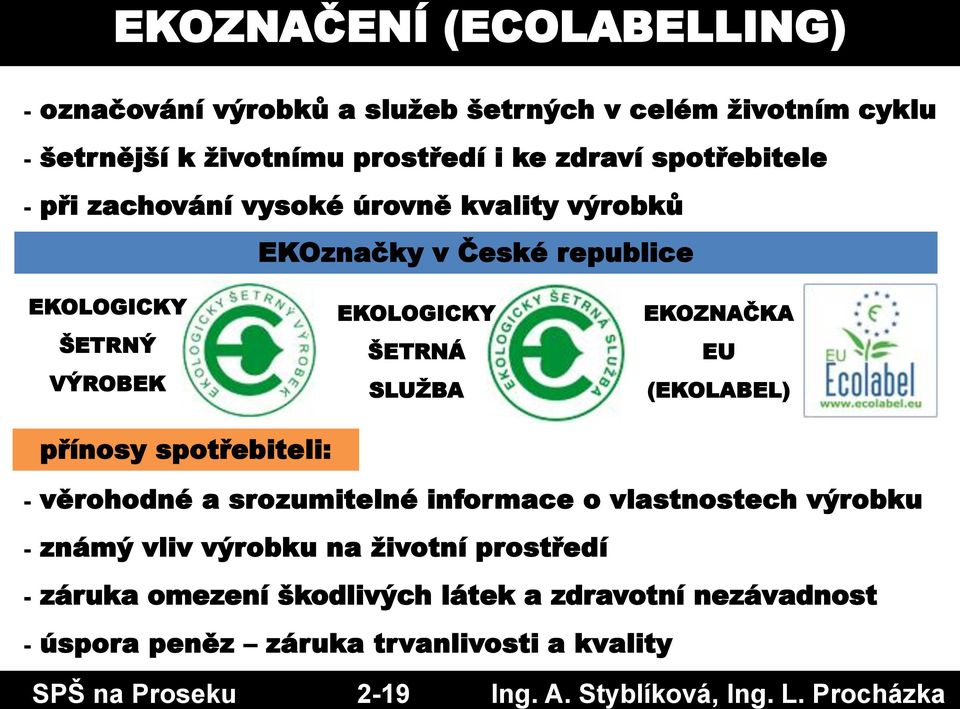 zachování vysoké úrovně kvality výrobků EKOznačky v České republice EKOLOGICKY ŠETRNÝ VÝROBEK přínosy spotřebiteli: EKOLOGICKY ŠETRNÁ SLUŽBA