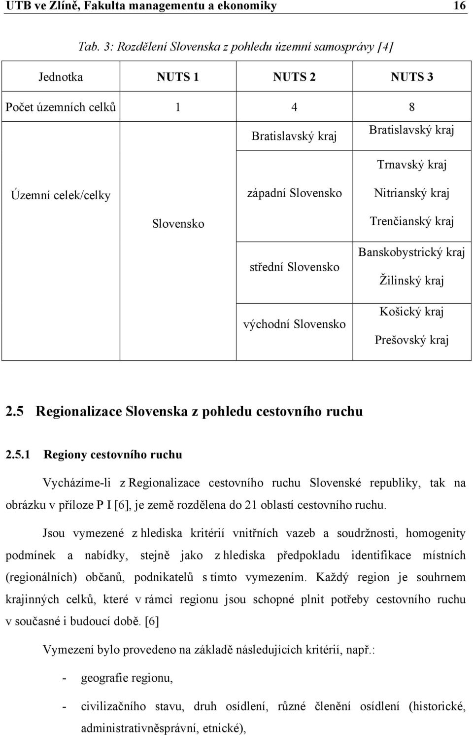 Nitrianský kraj Slovensko Trenčianský kraj střední Slovensko východní Slovensko Banskobystrický kraj Žilinský kraj Košický kraj Prešovský kraj 2.5 Regionalizace Slovenska z pohledu cestovního ruchu 2.