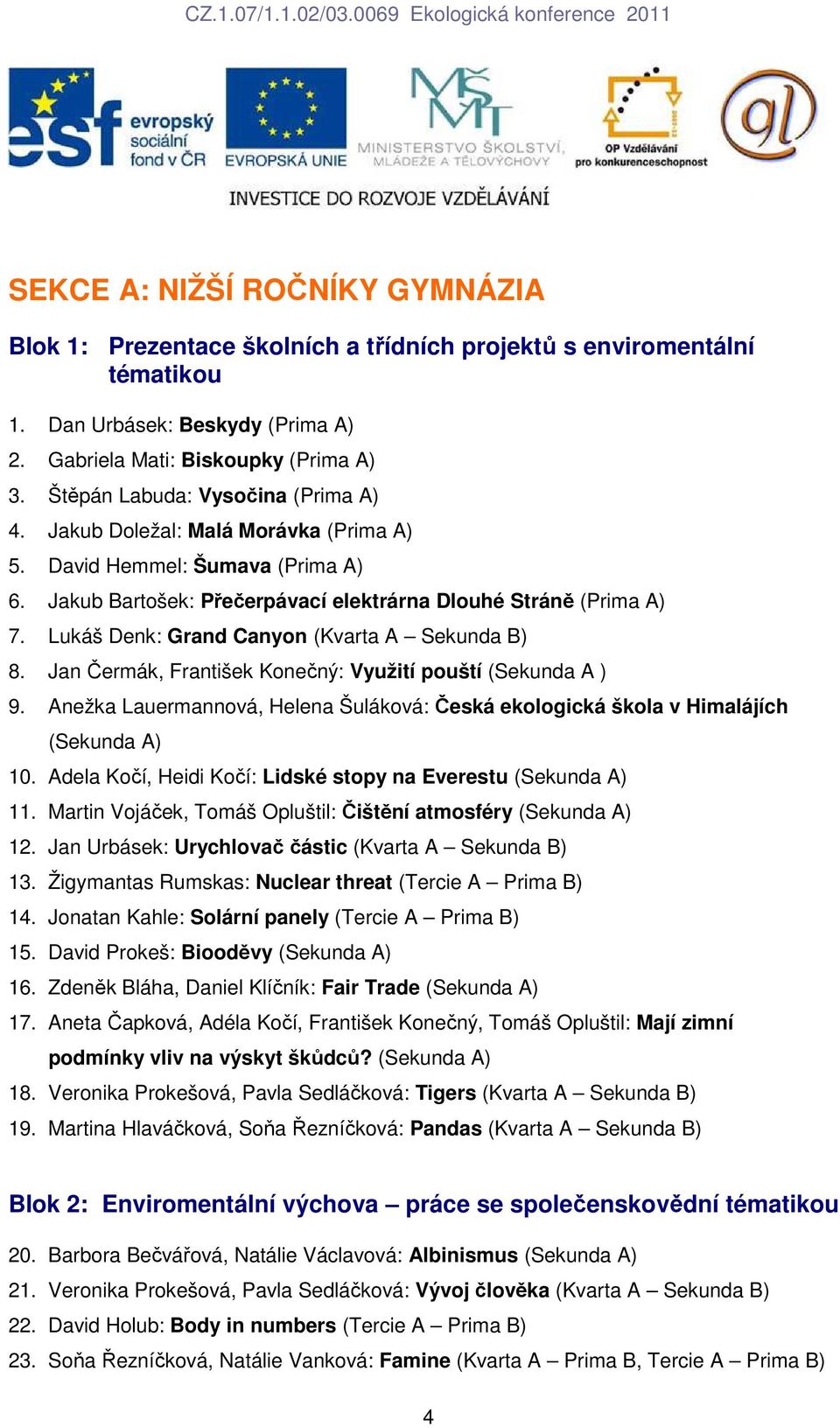 Lukáš Denk: Grand Canyon (Kvarta A Sekunda B) 8. Jan Čermák, František Konečný: Využití pouští (Sekunda A ) 9. Anežka Lauermannová, Helena Šuláková: Česká ekologická škola v Himalájích (Sekunda A) 10.