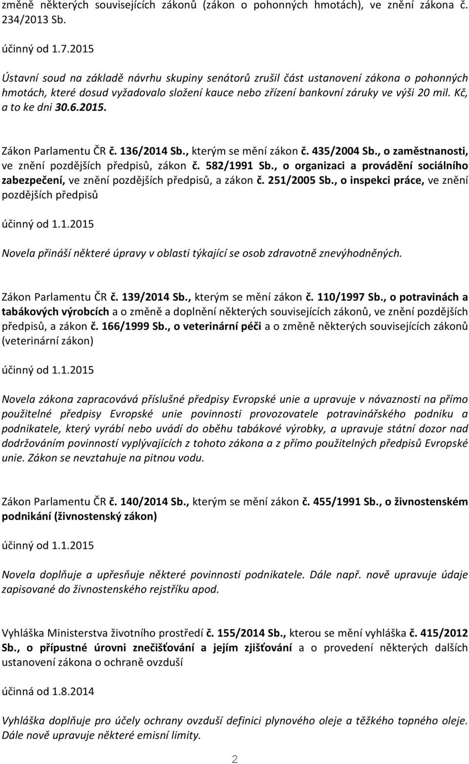 Kč, a to ke dni 30.6.2015. Zákon Parlamentu ČR č. 136/2014 Sb., kterým se mění zákon č. 435/2004 Sb., o zaměstnanosti, ve znění pozdějších předpisů, zákon č. 582/1991 Sb.