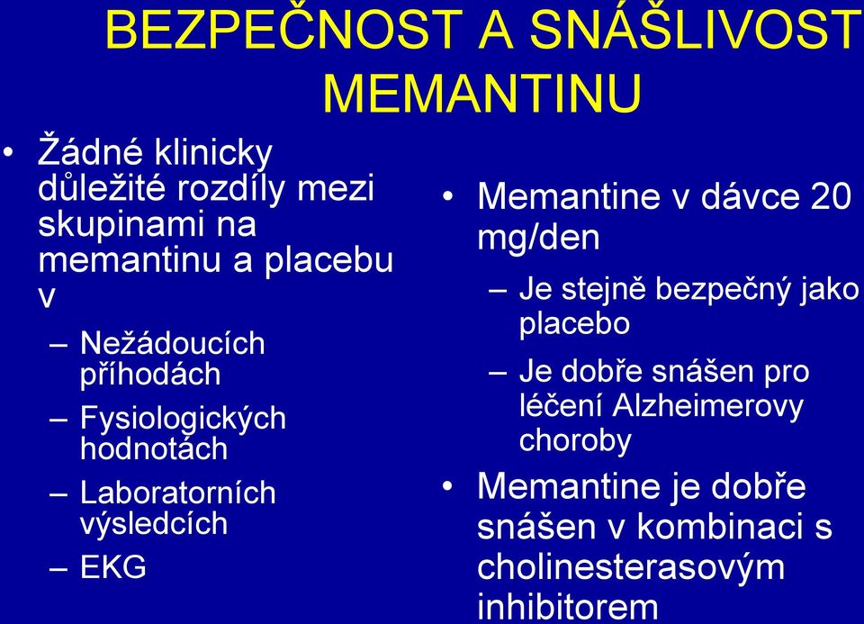 MEMANTINU Memantine v dávce 20 mg/den Je stejně bezpečný jako placebo Je dobře snášen pro