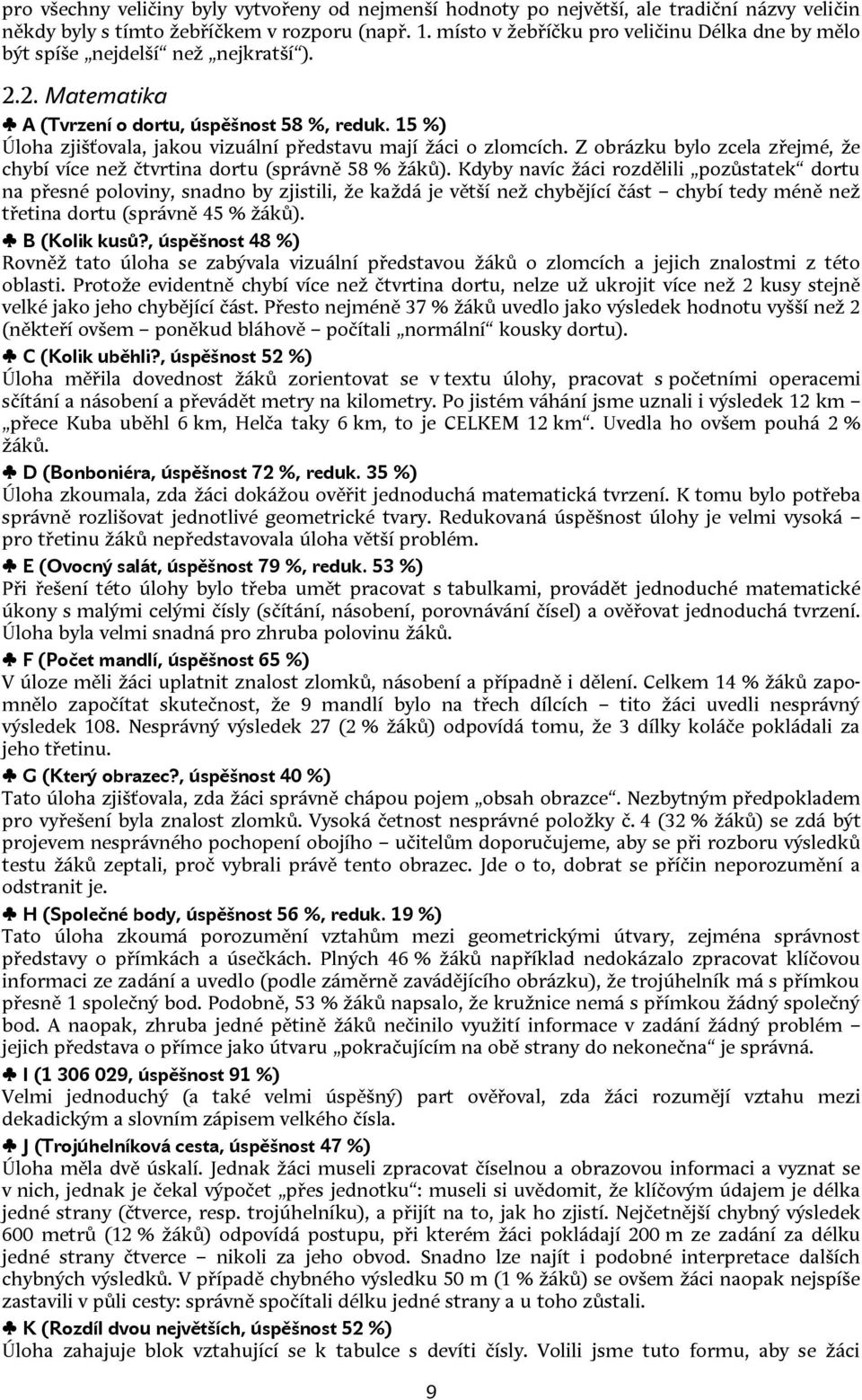 15 %) Úloha zjišťovala, jakou vizuální představu mají žáci o zlomcích. Z obrázku bylo zcela zřejmé, že chybí více než čtvrtina dortu (správně 58 % žáků).