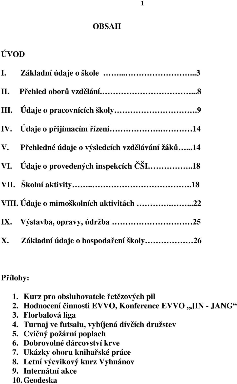 Výstavba, opravy, údržba 25 X. Základní údaje o hospodaření školy 26 Přílohy: 1. Kurz pro obsluhovatele řetězových pil 2. Hodnocení činnosti EVVO, Konference EVVO JIN - JANG 3.