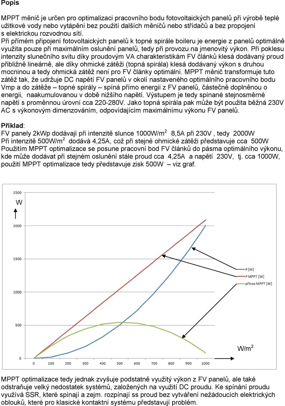 Při poklesu intenzity slunečního svitu díky proudovým VA charakteristikám FV článků klesá dodávaný proud přibližně lineárně, ale díky ohmické zátěži (topná spirála) klesá dodávaný výkon s druhou
