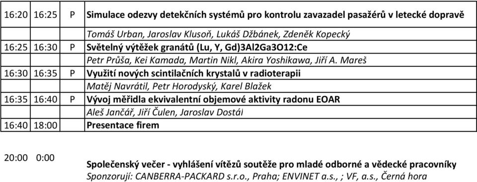 Mareš 16:30 16:35 P Využití nových scintilačních krystalů v radioterapii Matěj Navrátil, Petr Horodyský, Karel Blažek 16:35 16:40 P Vývoj měřidla ekvivalentní objemové aktivity