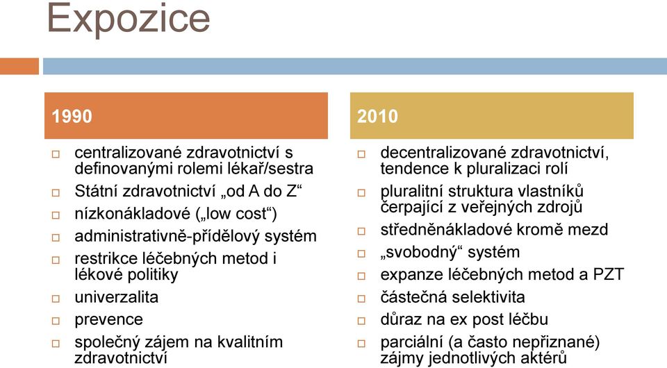 decentralizované zdravotnictví, tendence k pluralizaci rolí pluralitní struktura vlastníkŧ čerpající z veřejných zdrojŧ středněnákladové kromě