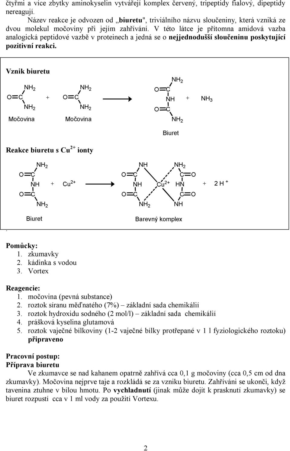 V této látce je přítomna amidová vazba analogická peptidové vazbě v proteinech a jedná se o nejjednodušší sloučeninu poskytující pozitivní reakci. Vznik biuretu Reakce biuretu s Cu 2+ ionty.