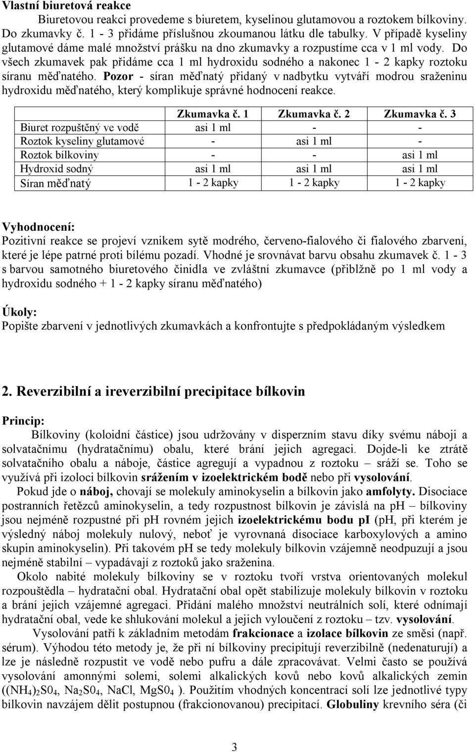 Do všech zkumavek pak přidáme cca 1 ml hydroxidu sodného a nakonec 1-2 kapky roztoku síranu měďnatého.