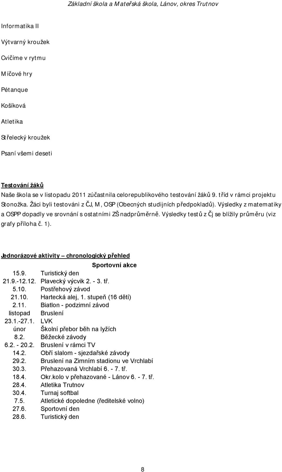 Výsledky testů z Čj se blížily průměru (viz grafy příloha č. 1). Jednorázové aktivity chronologický přehled Sportovní akce 15.9. Turistický den 21.9.-12.12. Plavecký výcvik 2. - 3. tř. 5.10.