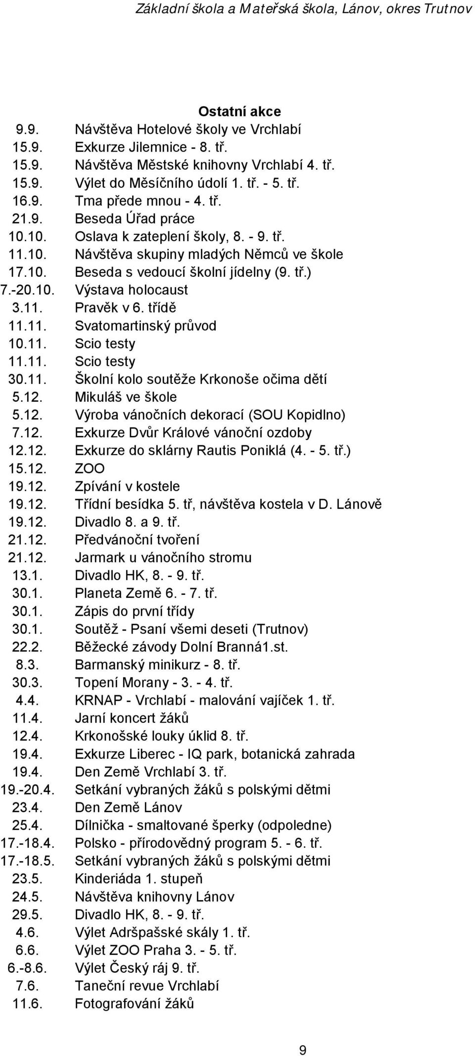 11. Pravěk v 6. třídě 11.11. Svatomartinský průvod 10.11. Scio testy 11.11. Scio testy 30.11. Školní kolo soutěže Krkonoše očima dětí 5.12. Mikuláš ve škole 5.12. Výroba vánočních dekorací (SOU Kopidlno) 7.