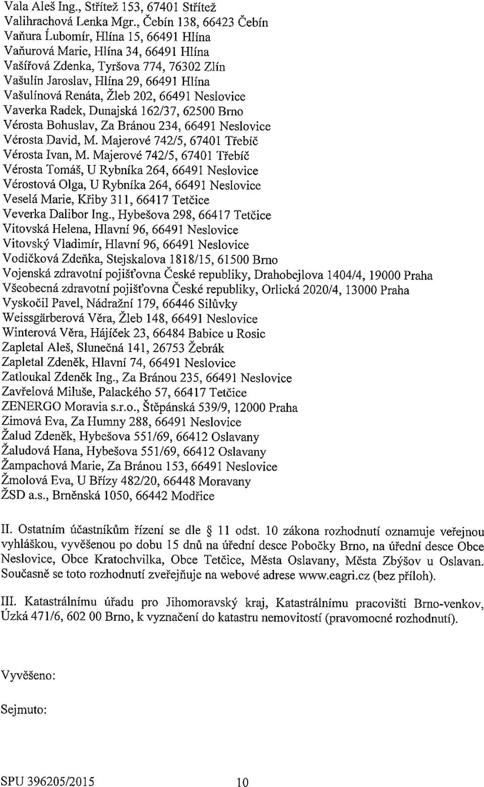 Renáta, Zleb 202, 66491 Neslovice Vaverka Radek, Dunajská 162/37, 62500 Brno Vérosta Bohuslav, Za Bránou 234, 66491 Neslovice Vérosta David, M. Majerové 742/5, 67401 Třebíč Vérosta Ivan, M.