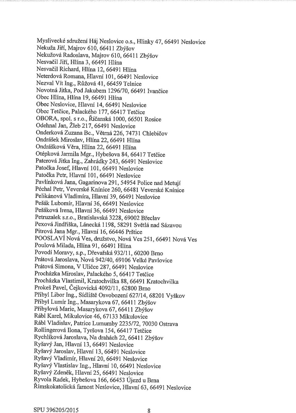 , Růžová 41, 66459 Telnice Novotná Jitka, Pod Jakubem 1296/70, 66491 Ivančice Obec Hlína, Hlína 19, 66491 Hlína Obec Neslovice, Hlavní 14, 66491 Neslovice Obec Tetčice, Palackého 177, 66417 Tetčice