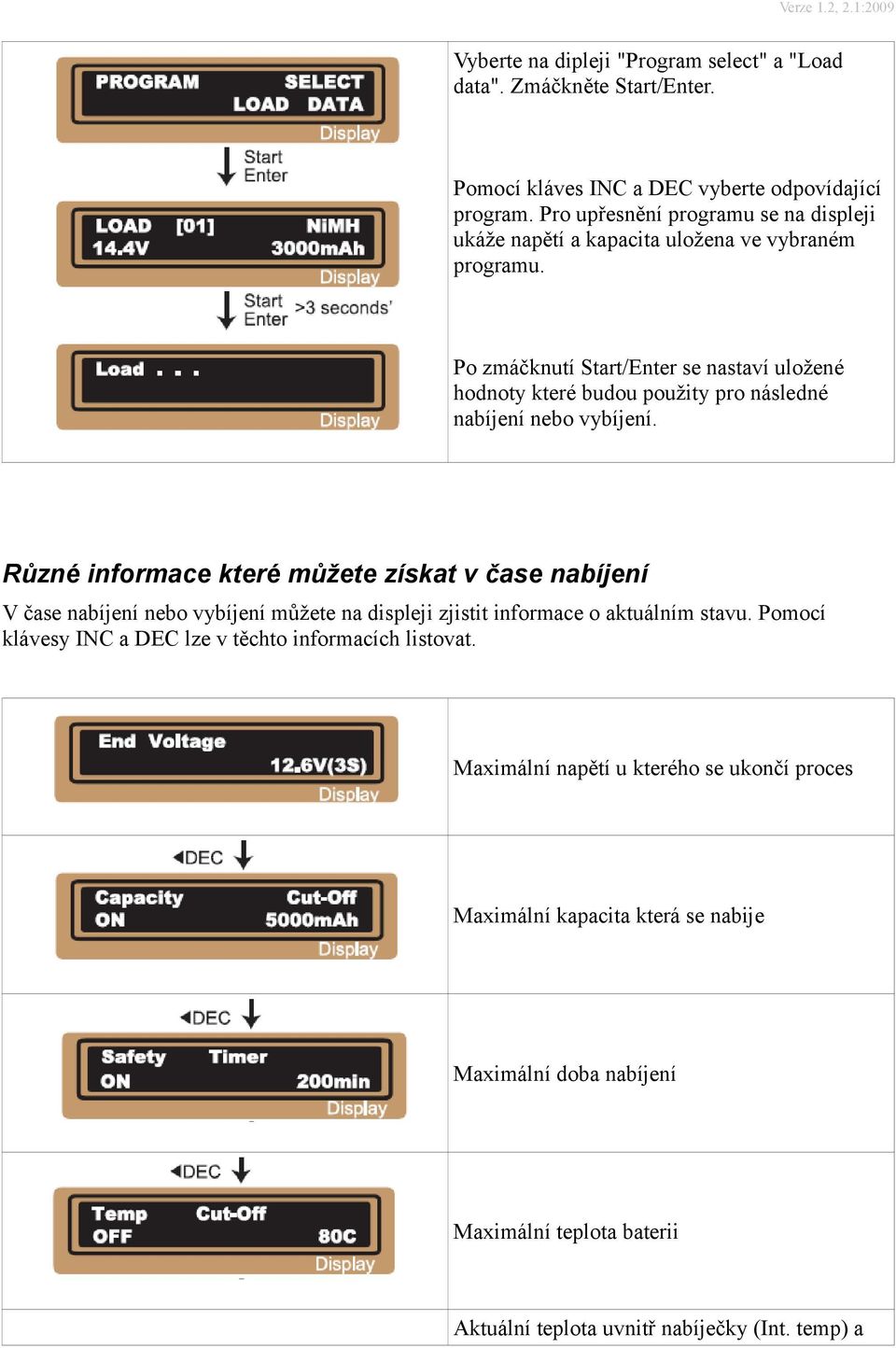 Po zmáčknutí Start/Enter se nastaví uložené hodnoty které budou použity pro následné nabíjení nebo vybíjení.