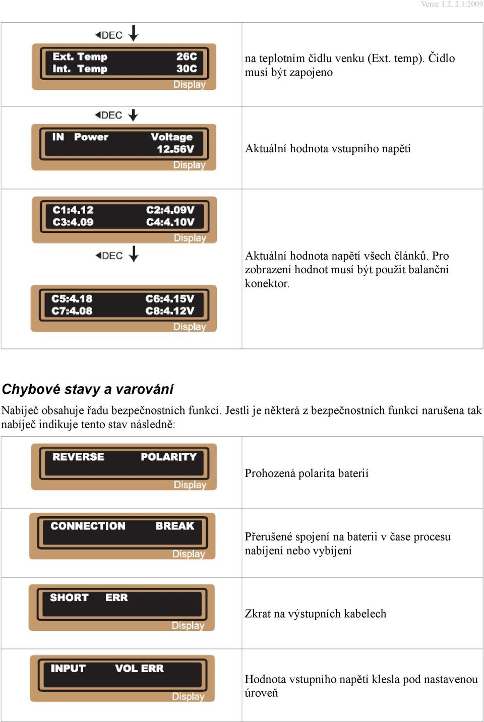 Jestli je některá z bezpečnostních funkcí narušena tak nabíječ indikuje tento stav následně: Prohozená polarita baterií Přerušené