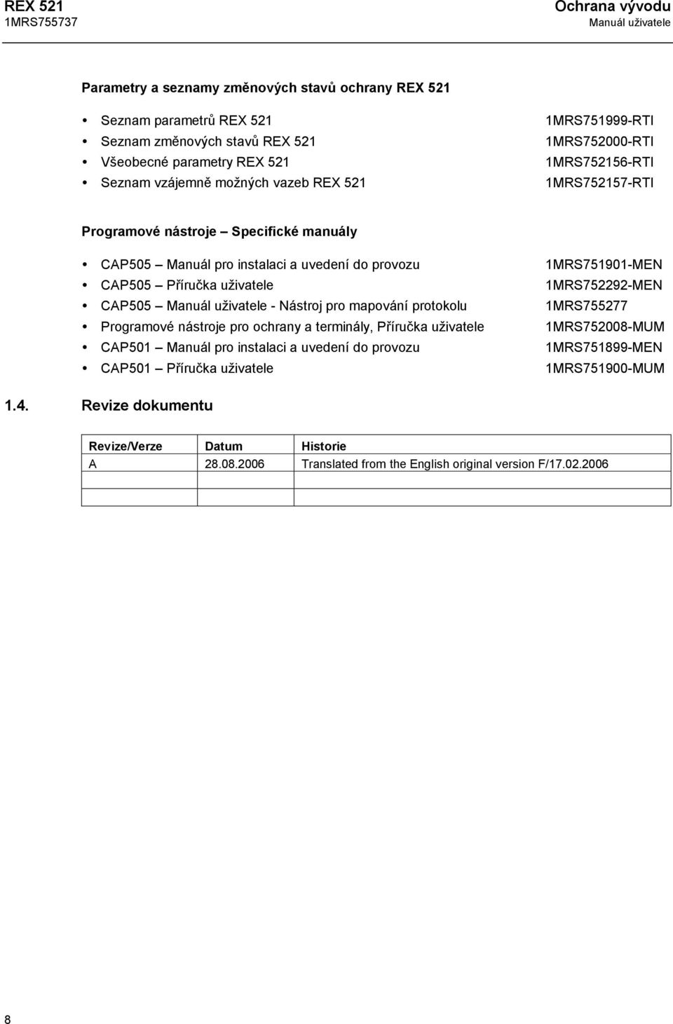 - Nástroj pro mapování protokolu Programové nástroje pro ochrany a terminály, Příručka uživatele CAP501 Manuál pro instalaci a uvedení do provozu CAP501 Příručka uživatele 1MRS751901-MEN