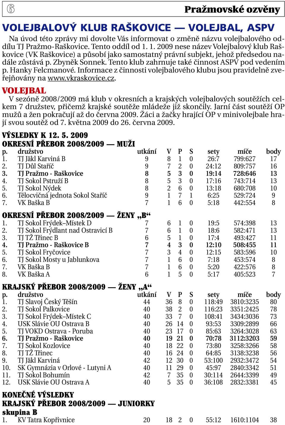 Tento klub zahrnuje také činnost ASPV pod vedením p. Hanky Felcmanové. Informace z činnosti volejbalového klubu jsou pravidelně zveřejňovány na www.vkraskovice.cz.