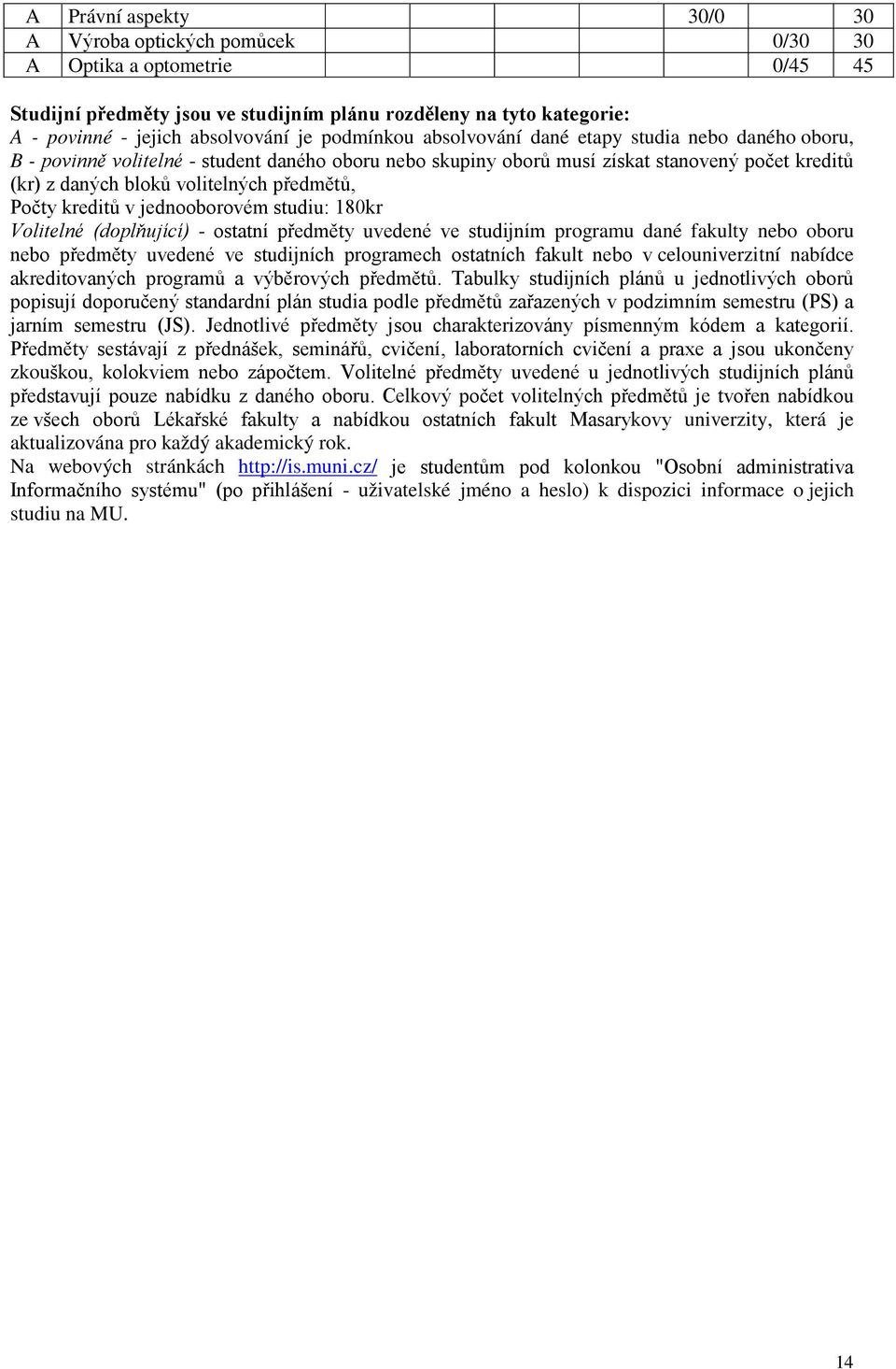 předmětů, Počty kreditů v jednooborovém studiu: 180kr Volitelné (doplňující) - ostatní předměty uvedené ve studijním programu dané fakulty nebo oboru nebo předměty uvedené ve studijních programech