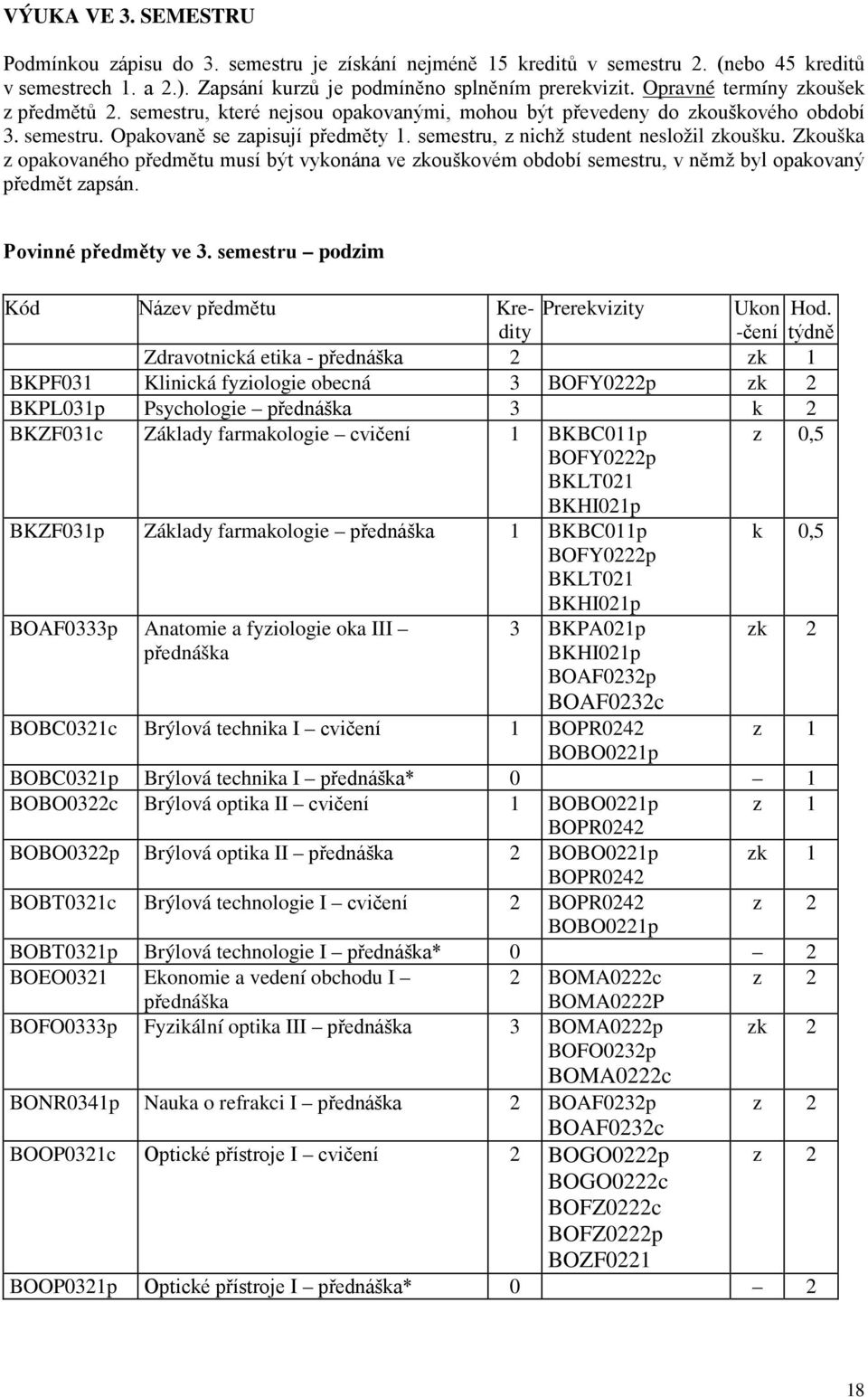 semestru, z nichž student nesložil zkoušku. Zkouška z opakovaného předmětu musí být vykonána ve zkouškovém období semestru, v němž byl opakovaný předmět zapsán. Povinné předměty ve 3.