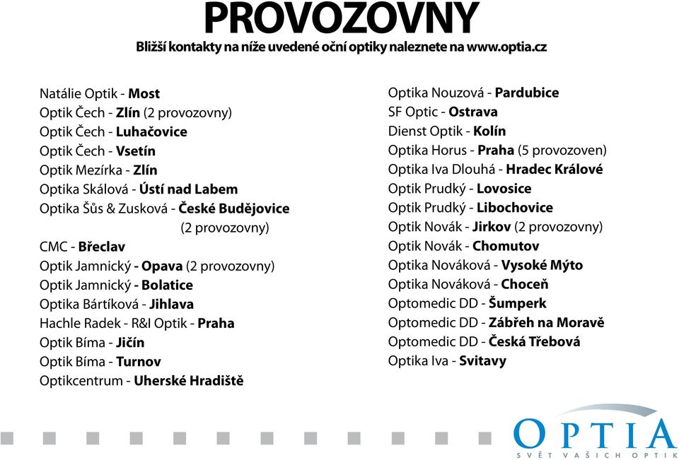 provozovny) CMC - Břeclav Optik Jamnický - Opava (2 provozovny) Optik Jamnický - Bolatice Optika Bártíková - Jihlava Hachle Radek - R&I Optik - Praha Optik Bíma - Jičín Optik Bíma - Turnov