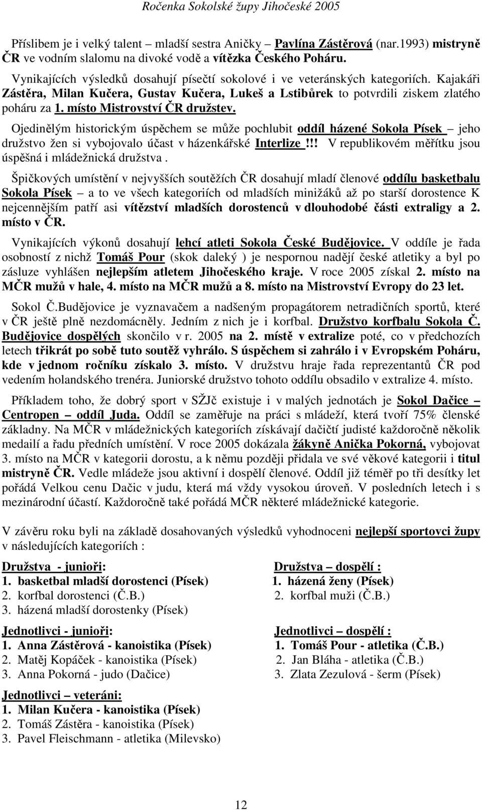 místo Mistrovství ČR družstev. Ojedinělým historickým úspěchem se může pochlubit oddíl házené Sokola Písek jeho družstvo žen si vybojovalo účast v házenkářské Interlize!