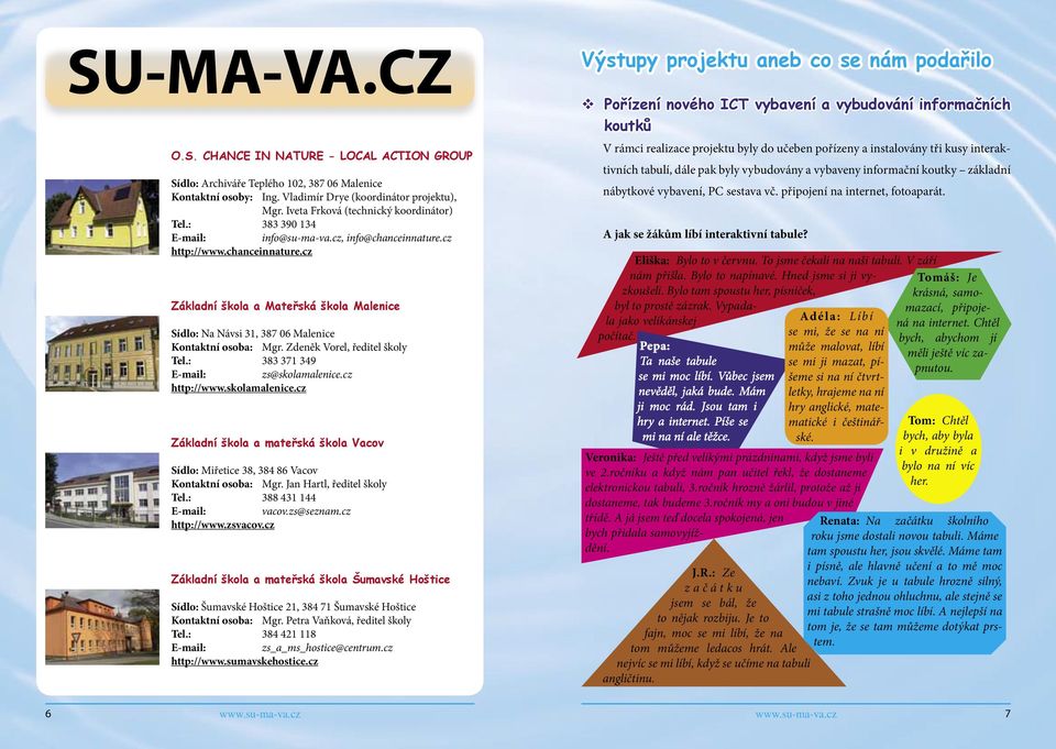 cz http://www.chanceinnature.cz Základní škola a Mateřská škola Malenice Sídlo: Na Návsi 31, 387 06 Malenice Kontaktní osoba: Mgr. Zdeněk Vorel, ředitel školy Tel.