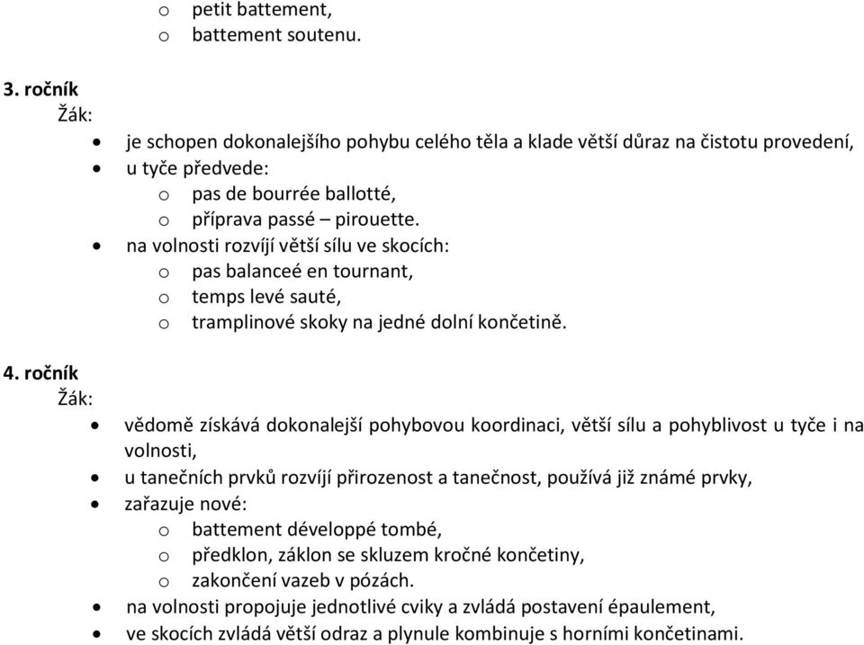 na volnosti rozvíjí větší sílu ve skocích: o pas balanceé en tournant, o temps levé sauté, o tramplinové skoky na jedné dolní končetině. 4.