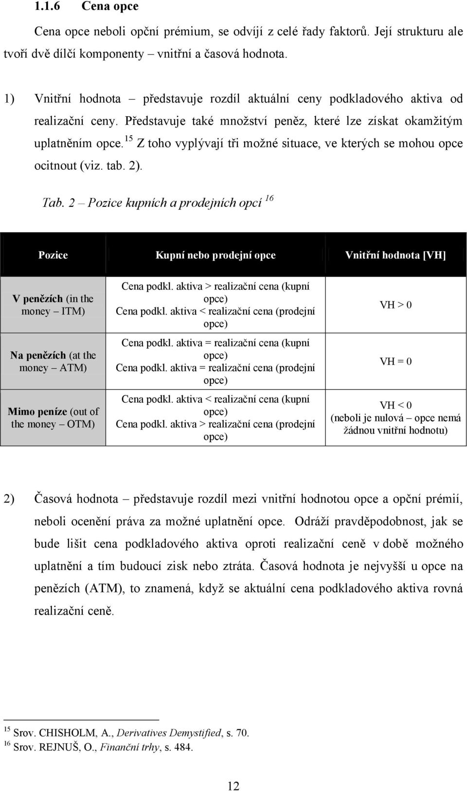 15 Z toho vyplývají tři možné situace, ve kterých se mohou opce ocitnout (viz. tab. 2). Tab.