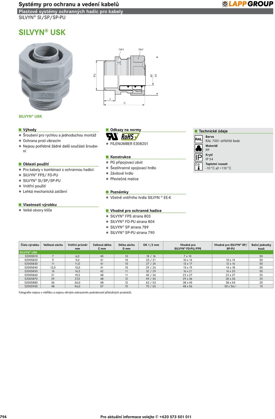 Včetně vnitřního hrdla SILVYN EE-K ochranné hadice SILVYN FPS strana 803 SILVYN FD-PU strana 804 SILVYN SP strana 789 SILVYN SP-PU strana 790 RAL 7001 stříbřitě šedá PP Krytí IP 54-10 C až +110 C