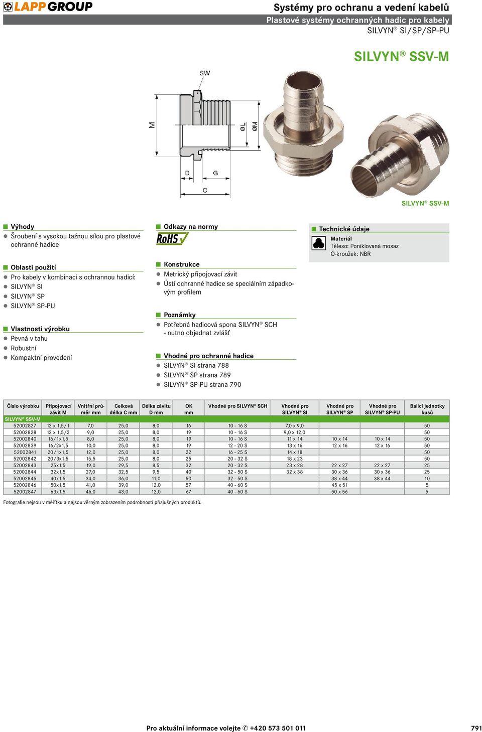 strana 788 SILVYN SP strana 789 SILVYN SP-PU strana 790 Těleso: Poniklovaná mosaz O-kroužek: NBR Číslo výrobku Připojovací závit M Vnitřní průměr Celková délka C Délka závitu D OK SILVYN SCH SILVYN