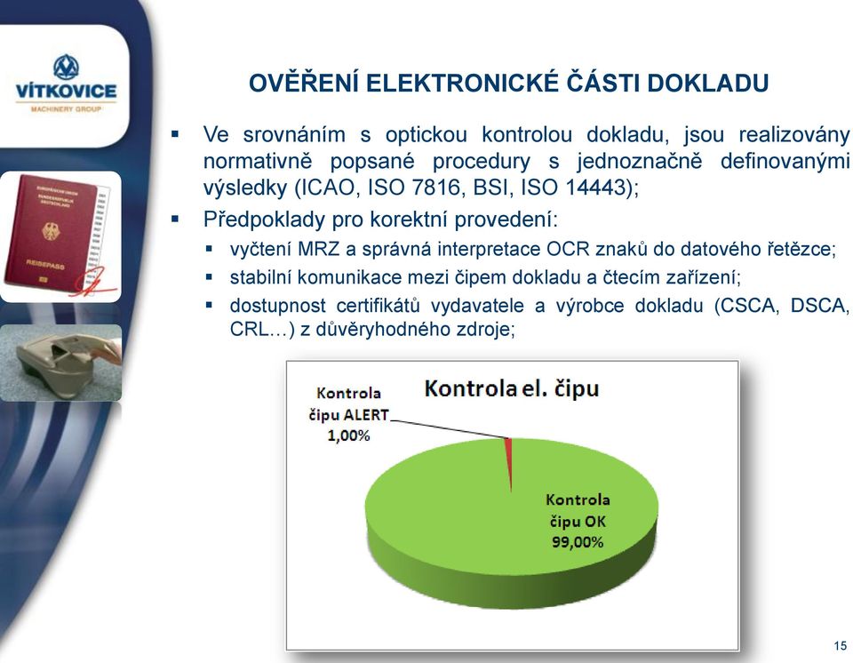 provedení: vyčtení MRZ a správná interpretace OCR znaků do datového řetězce; stabilní komunikace mezi čipem